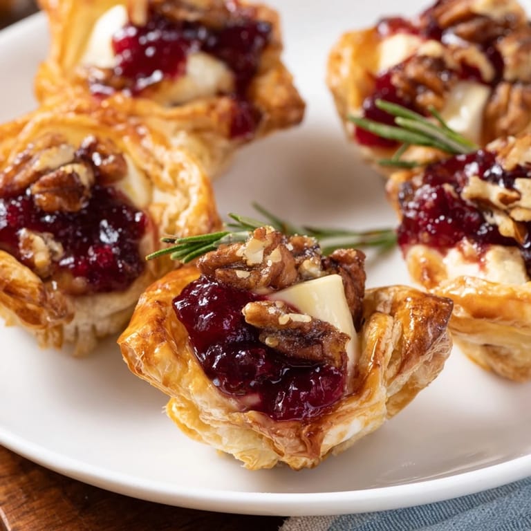 Warm Quick Cranberry Brie Bites with flaky pastry and gooey Brie melting around cranberry sauce.