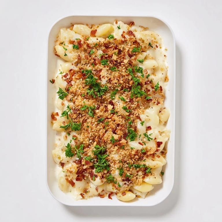 A close-up of cheesy Sheet Pan Mac and Cheese, featuring perfectly browned bacon topping the dish.
