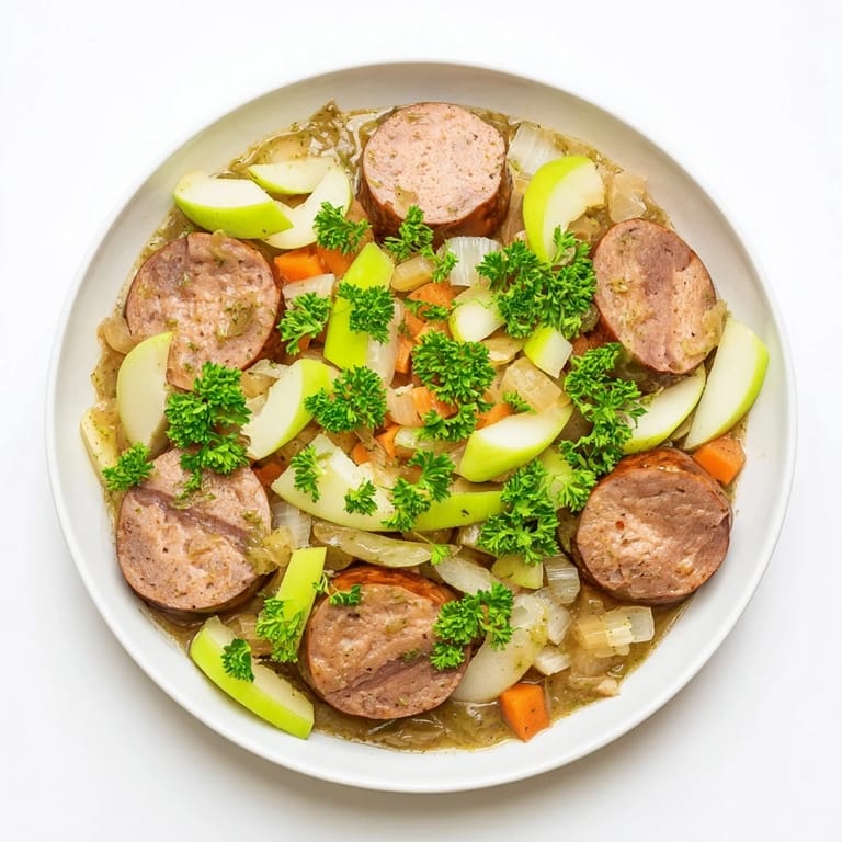 A bubbling Dutch oven filled with flavorful Stovetop Sausage, Celery, and Apple Hotpot, with tender veggies.