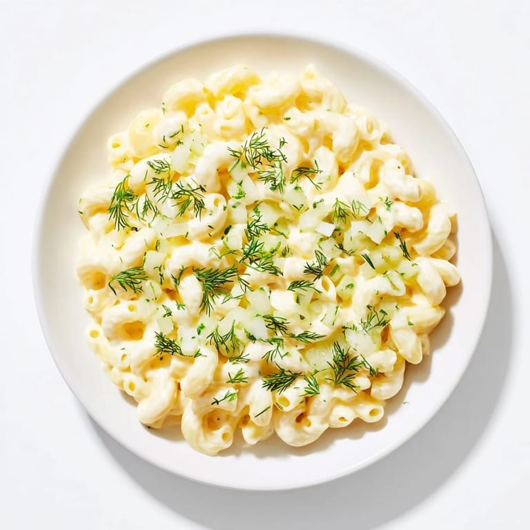 A steaming bowl of Pickle Mac and Cheese, garnished with fresh dill—comfort food perfection for dinner.