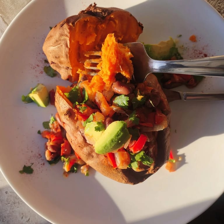 A close-up of delicious Savory Baked Sweet Potato Chili Boats showcasing the perfectly baked potatoes and hearty filling.