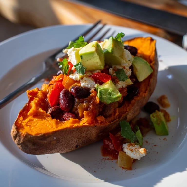 Get cozy with these flavorful Savory Baked Sweet Potato Chili Boats, ready to be enjoyed with your favorite toppings.