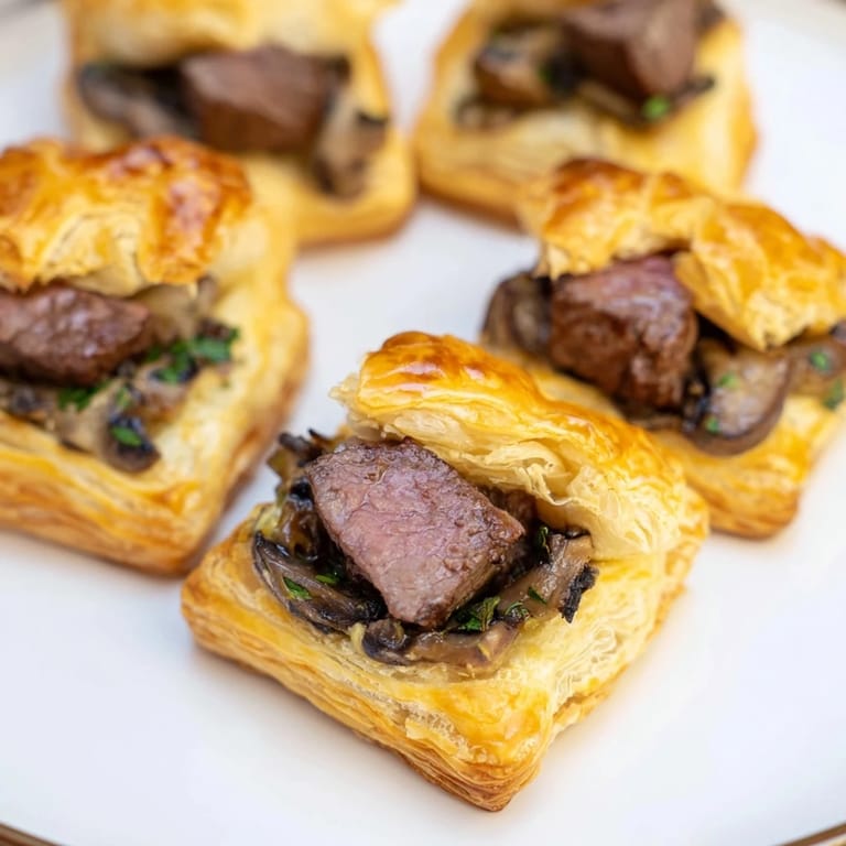 A platter of beautifully baked Christmas Beef Wellington bites, featuring golden-brown pastry and inviting aromas.