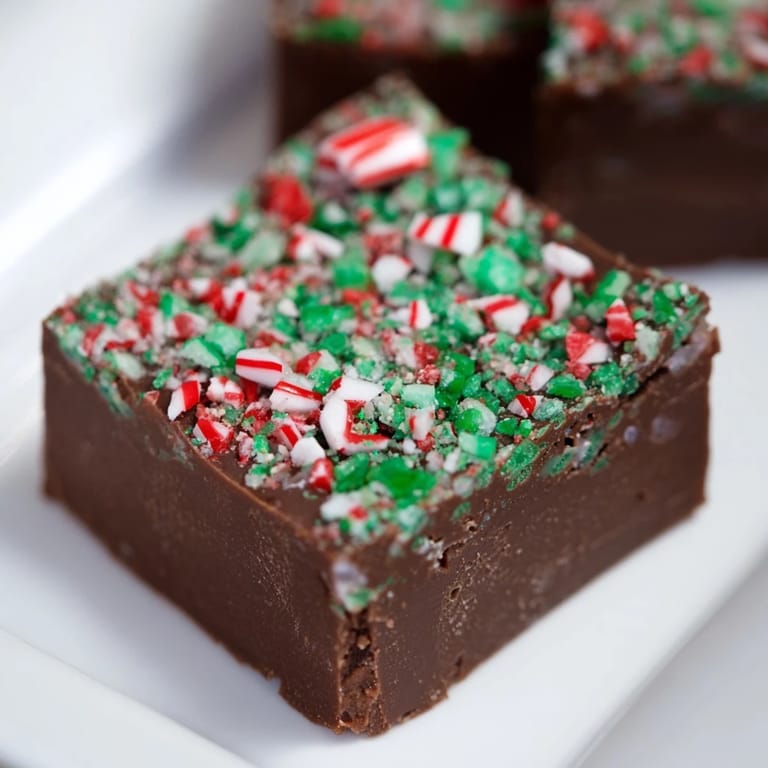 Smooth, glossy surface showing perfectly cut 3-Ingredient Christmas Fudge Squares, ready for sharing and eating.