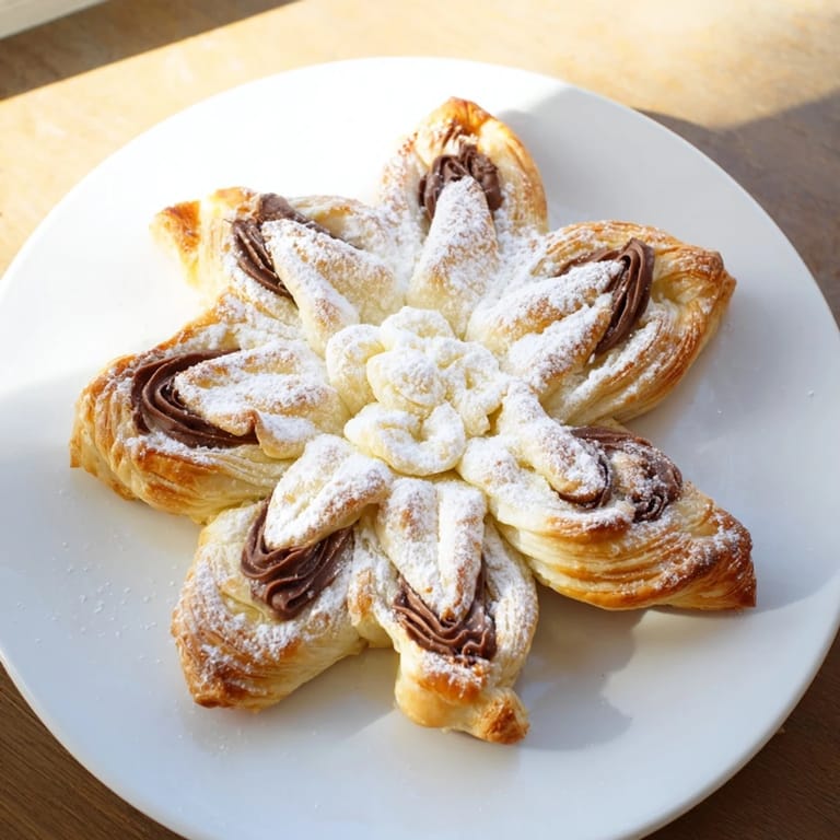 Festive Express Nutella Puff Pastry Snowflakes: golden, twisted pastry with Nutella and a light dusting.