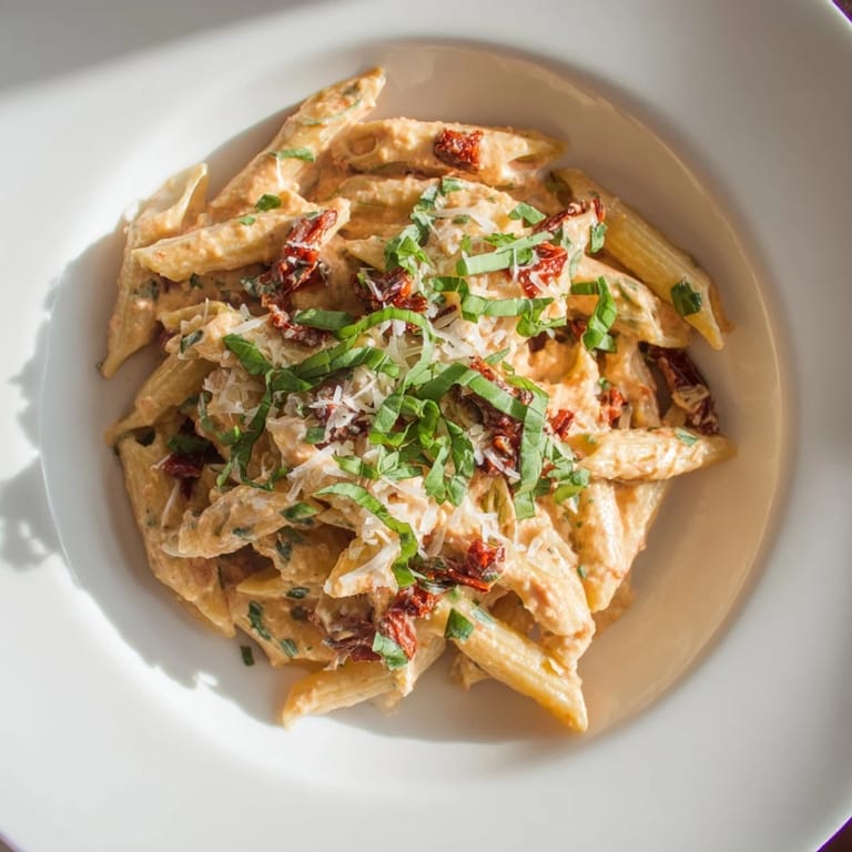 Delectable, protein-packed Sun-Dried Tomato & Cottage Cheese Pasta Sauce tossed with penne pasta, delicious!