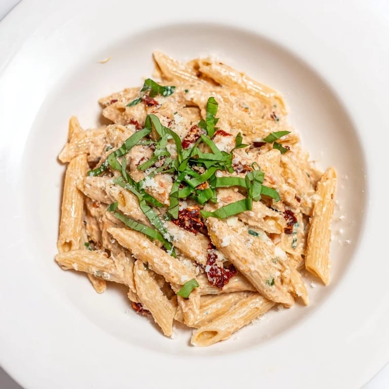 This creamy Sun-Dried Tomato & Cottage Cheese Pasta Sauce looks ready to be devoured with fresh basil.