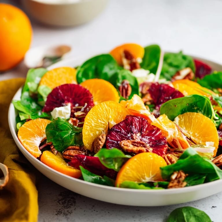 Fresh Winter Citrus & Candied Pecan Salad, showcasing vibrant oranges, grapefruit, goat cheese, and candied pecans.