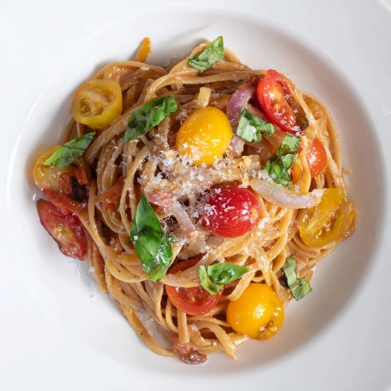 A bubbly, one-pan tomato basil pasta with fresh basil, just pulled from a warm oven.