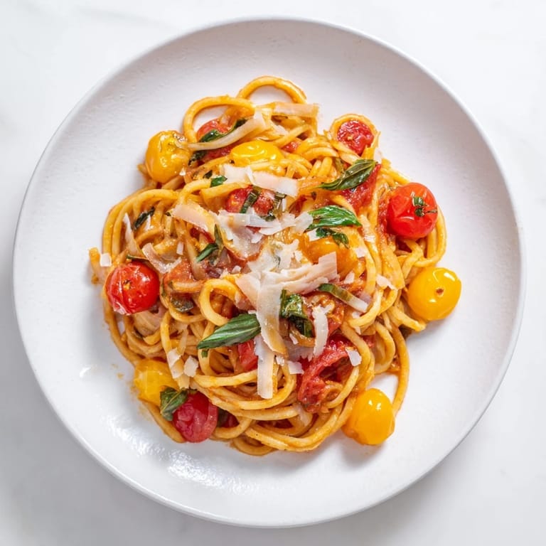 Golden, cheesy one-pan tomato basil pasta, with vibrant red tomatoes and hints of garlic, ready.