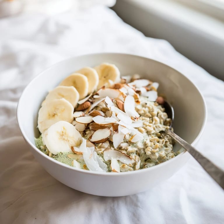 Creamy High-Protein Eggnog Matcha Overnight Oats, chilled and ready with coconut flakes and pecans, delicious!