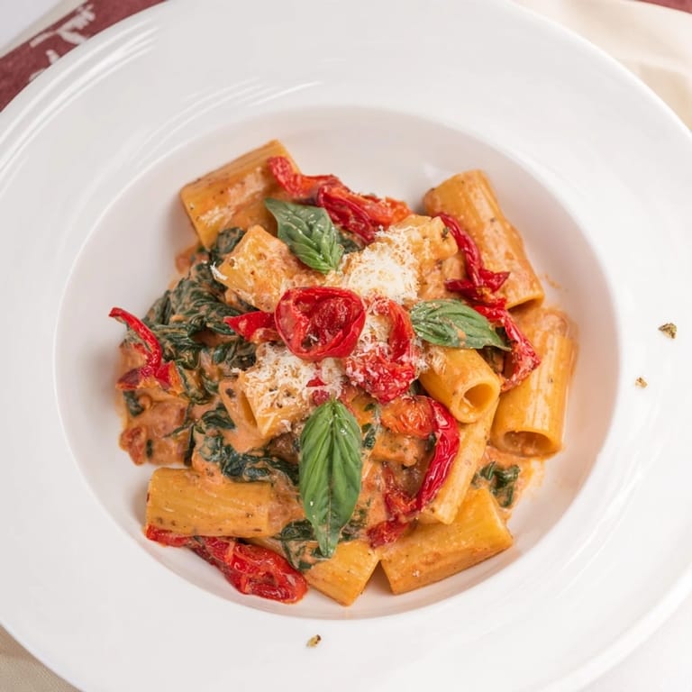 A steaming bowl of lightened-up vodka rosé pasta, inviting with fresh basil and grated Parmesan cheese.