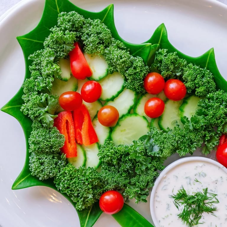 A colorful arrangement of a Holly Leaf Veggie Board, with broccoli florets, grapes, and tomatoes for holiday treats.