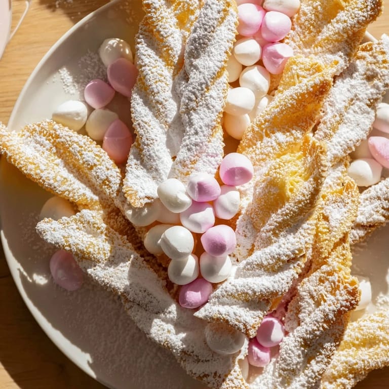 A visually appealing dessert board featuring powdered sugar-dusted angel wings and a colorful candy selection.