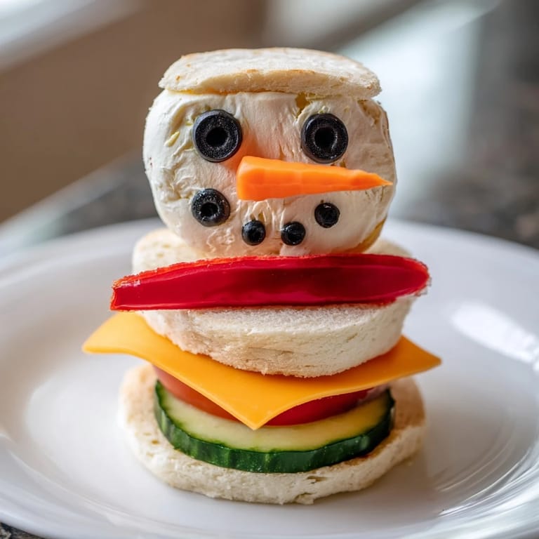 Look at the adorable assembled Snowman Sandwich Stack, complete with olive eyes on a plate!