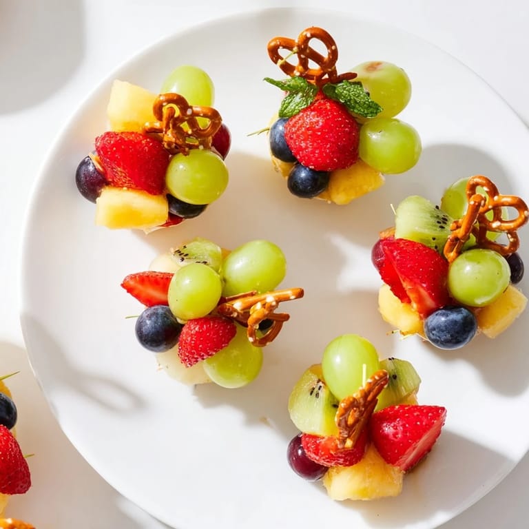 Imagine fresh, glistening Ornament Fruit Medley: colorful fruit mounds adorned with pretzel "hooks" and mint leaves.