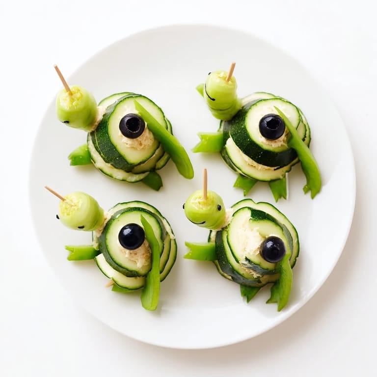 Fresh slow & savory turtle crudités with crunchy bell pepper legs and cucumber shells, ready to enjoy.