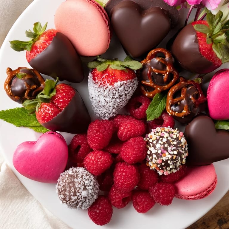 This Sweetheart Valentines Day Board showcases chocolate-covered strawberries, macarons, and brie, perfectly designed for sharing.