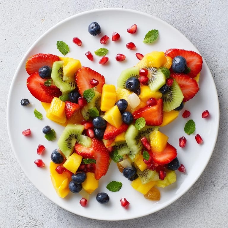 Imagine the colorful, fresh Papillon de Fruits dÉté Vifs, a refreshing summer fruit salad, garnished with mint.