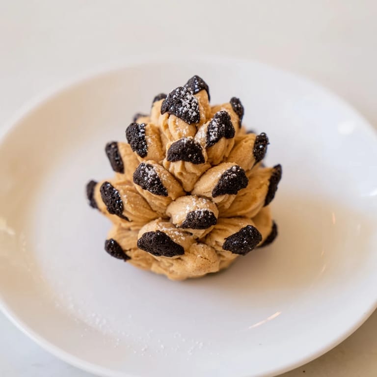 Freshly baked, beautifully shaped peanut butter cookies, resembling whimsical pinecones, perfect with hot cocoa.