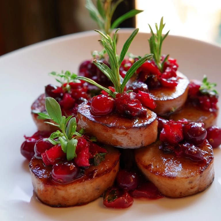 Close-up of baked Festive Holly Berry Sausage Bites, garnished with fresh cranberries and rosemary sprigs creating a festive look.