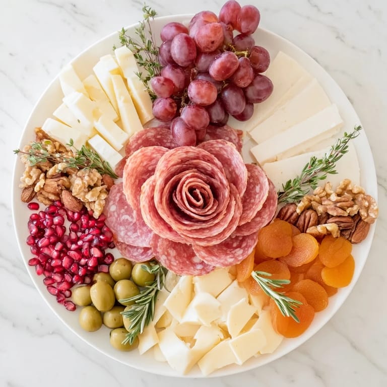 Holiday charcuterie board showcases a vibrant meat rose bouquet alongside fresh fruits and crackers.