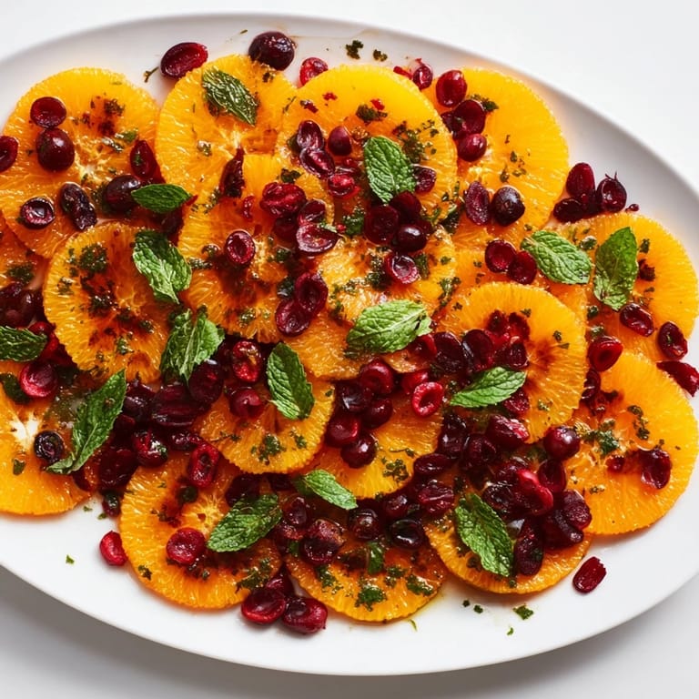 Sweet and tart, this photo shows the beautifully arranged orange slices and cranberries in this winter fruit salad.