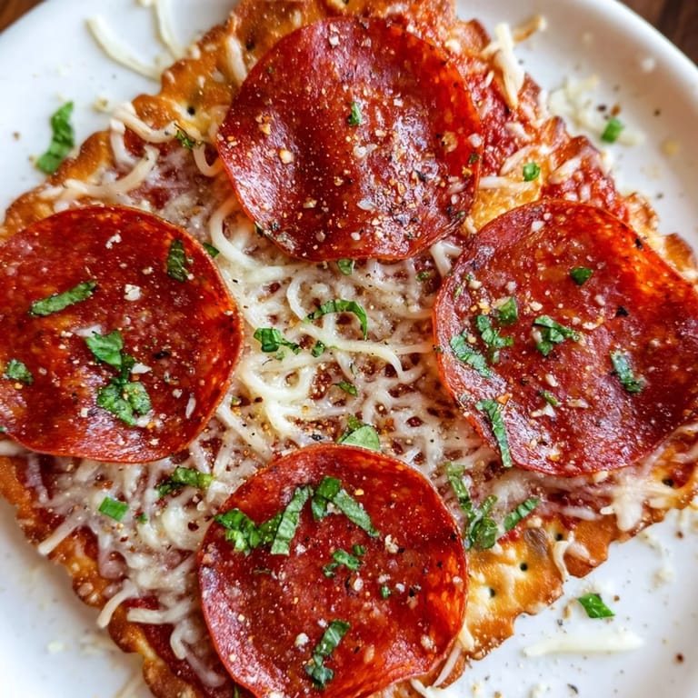 Golden, bubbly cheese covers pepperoni on crackers in this easy-to-make Savory Bites recipe, ready to serve!