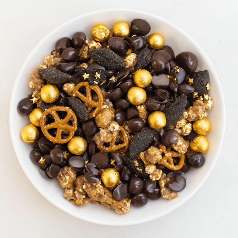 Close-up of the Gold and Black Midnight Snack Mix, beautifully arranged in a bowl, ready to serve.