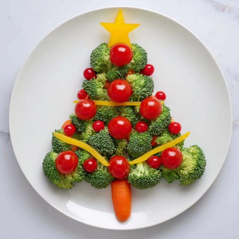 Close-up of a whimsical Broccoli Tree with Cherry Tomato Ornaments, perfect for a fun, nutritious appetizer.