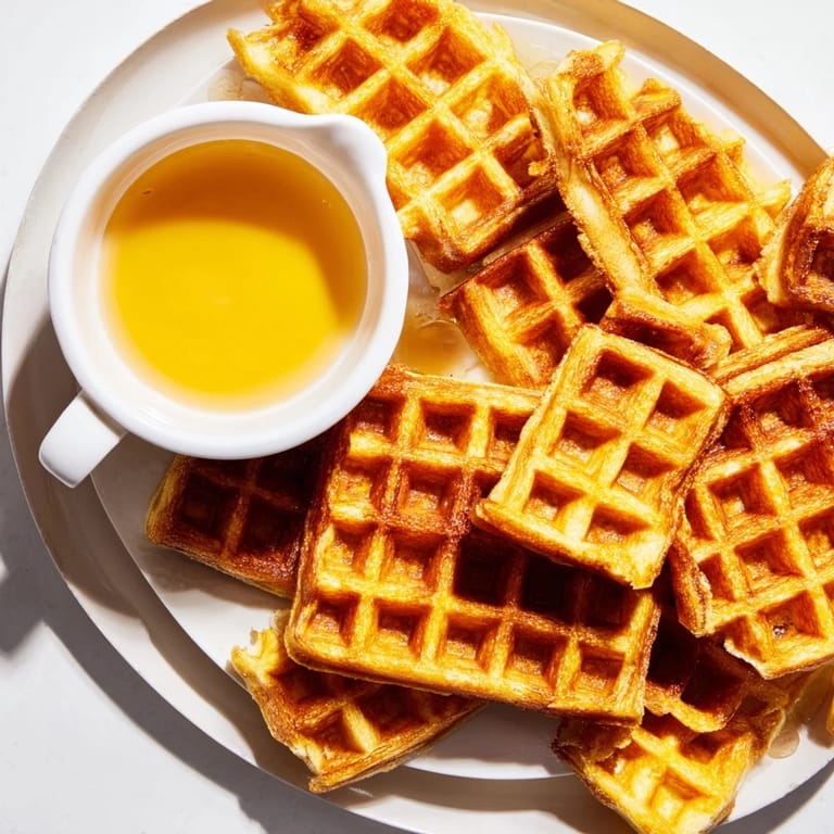 A close-up of crispy waffle quarters ready to dip, a yummy recipe with maple syrup.