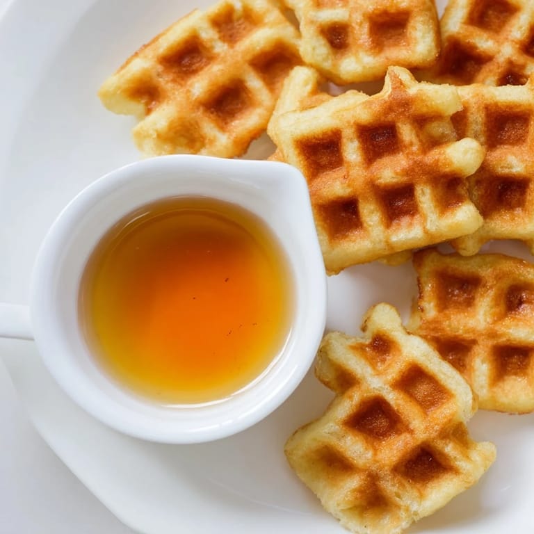 Warm, appetizing waffle quarters paired with a sweet maple dipping bowl for brunch.