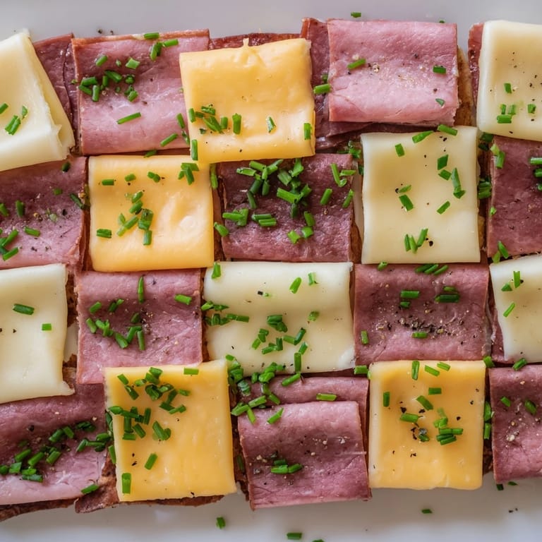 Freshly assembled Checkerboard Picnic Bites, ready to enjoy with a variety of deli meats and cheeses.