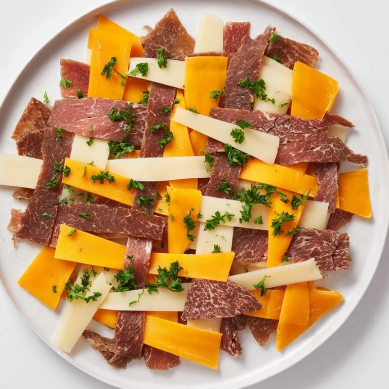 A close-up of The Tartan Plaid, a creative appetizer featuring woven jerky and cheese strips for serving.