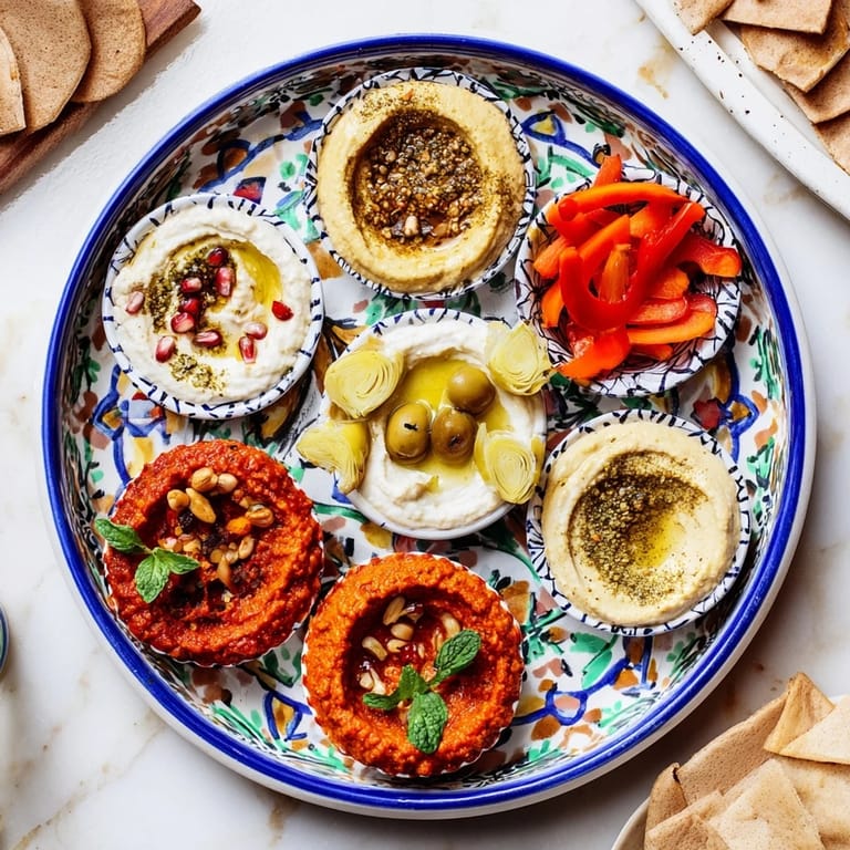 Beautifully arranged Moroccan Tile Mosaic, offering a selection of dips and marinated vegetables in vibrant bowls.