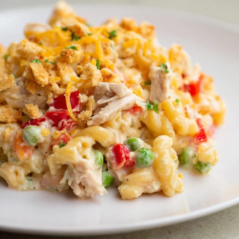 This hearty Chicken Macaroni Southern Style features tender chicken and vibrant vegetables baked to bubbly perfection.