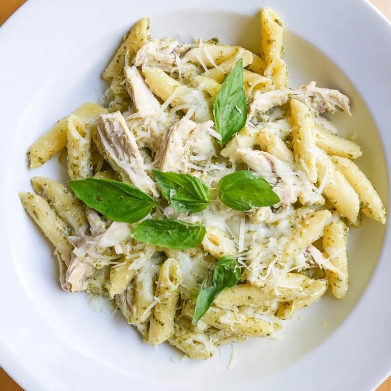 A quick and delicious 10-Minute Pesto Pasta with Chicken, showing perfectly cooked pasta and tender chicken.