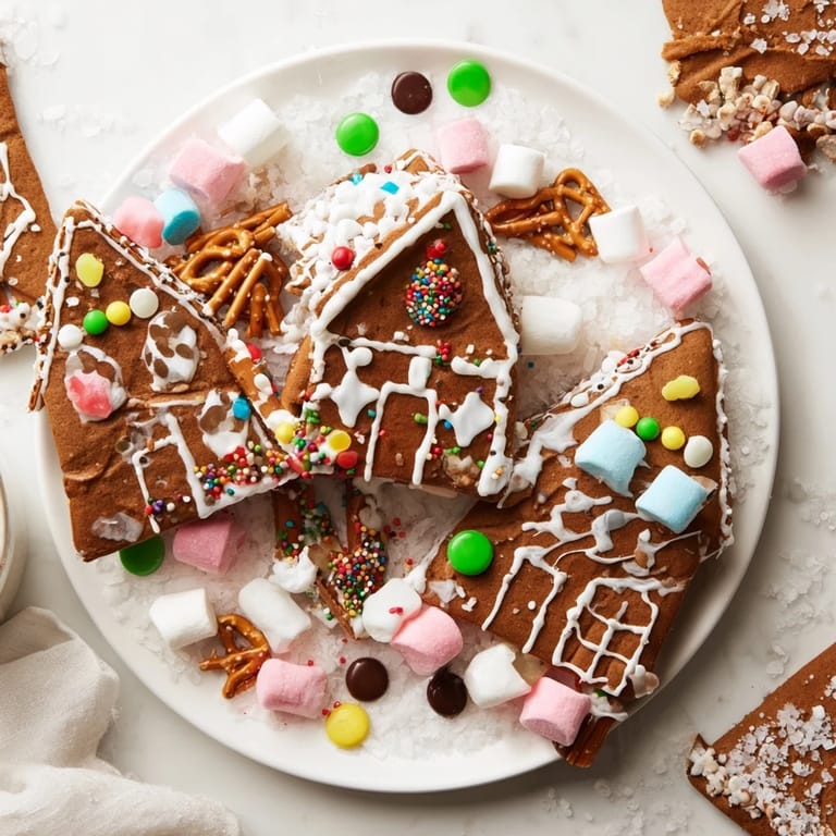 Festive Gingerbread House Board with freshly baked gingerbread pieces and enticing candy decorations.