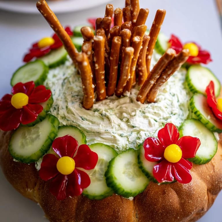 This refreshing Desert Cactus Bloom appetizer shows cream cheese-covered bread spiked with pretzel "needles" and cucumber.