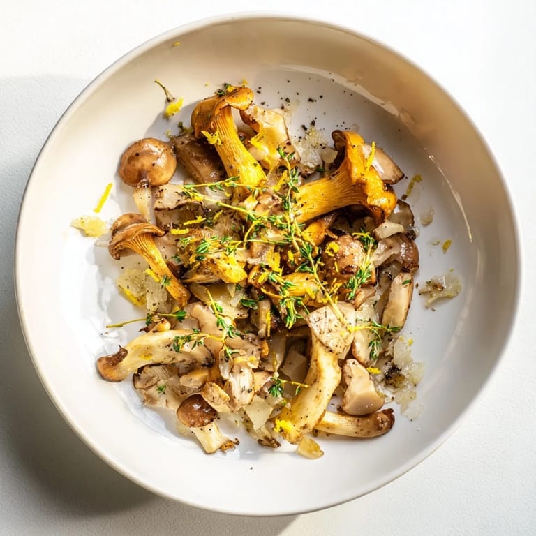 Sizzling pan of Enchanted Forest Mushrooms: the aroma of garlic and thyme over a bed of mushrooms.