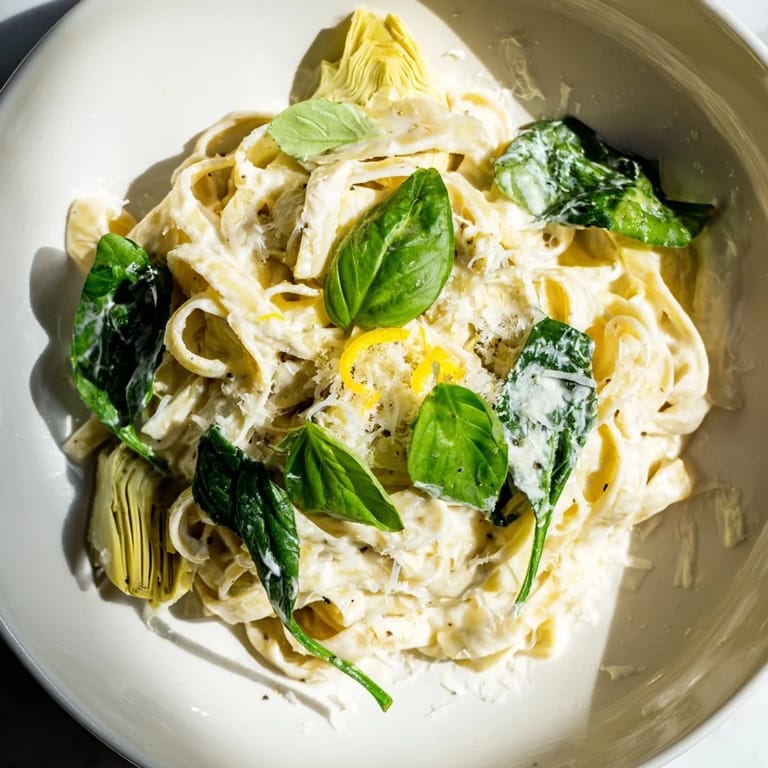 Freshly plated Creamy Lemon Artichoke Pasta, garnished with herbs; a delicious Italian dinner.