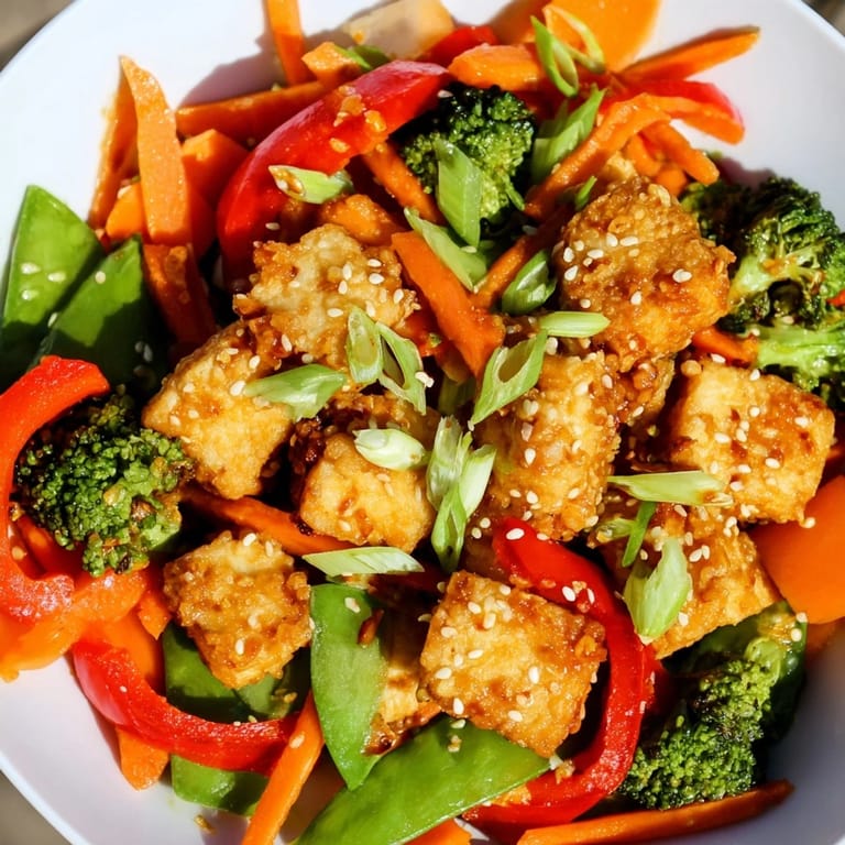 A bowl of flavorful Sesame Ginger Tofu Stir-Fry garnished with fresh cilantro and sesame seeds.