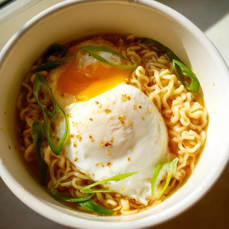 Steaming bowl of upgraded instant ramen with golden yolk and vibrant green scallions, ready to enjoy.
