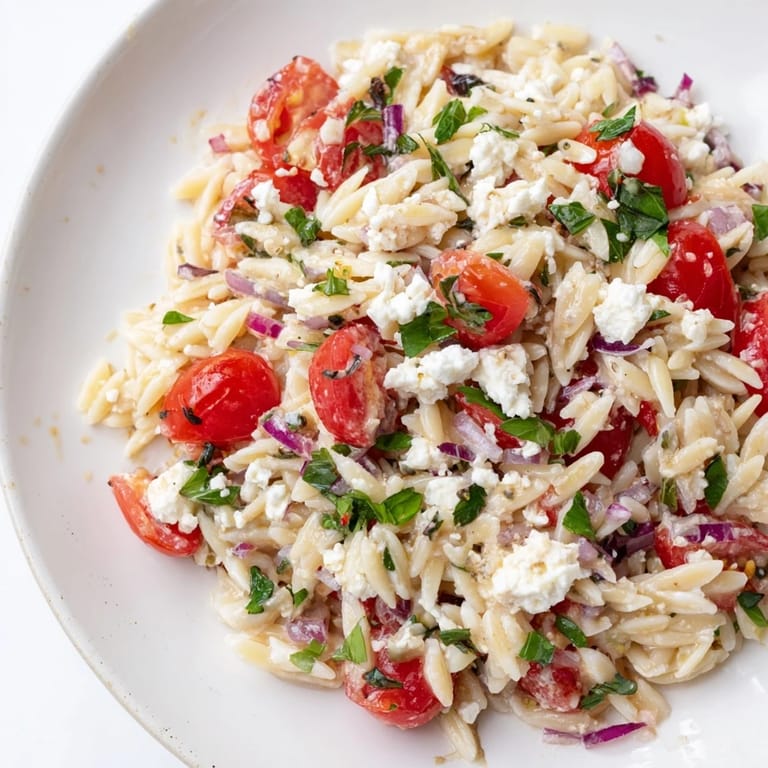 Bright, colorful close-up of Tomato Feta Orzo, a perfect Mediterranean side dish.