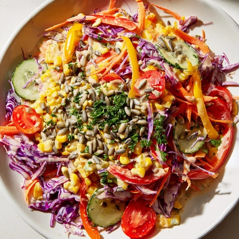 A healthy and refreshing rainbow salad, featuring crisp vegetables and a tangy tahini dressing, delicious!