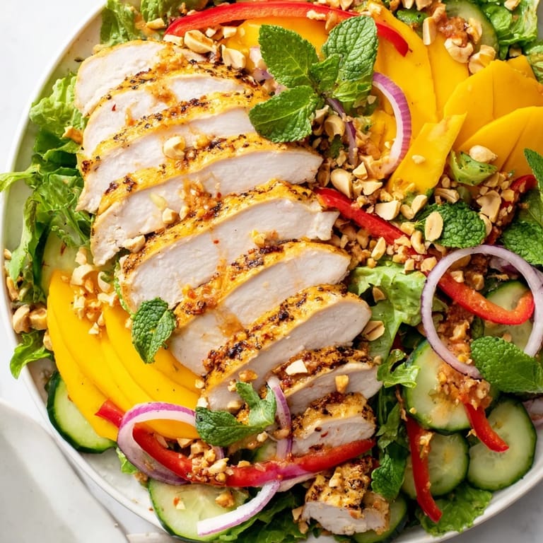 Enjoy a refreshing plate of Thai Mango Chicken Salad, featuring crisp veggies and lime dressing.