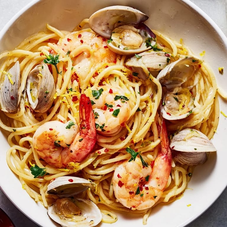 Close-up of golden-brown garlic and chili-infused Seafood Pasta Aglio e Olio, inviting and aromatic.