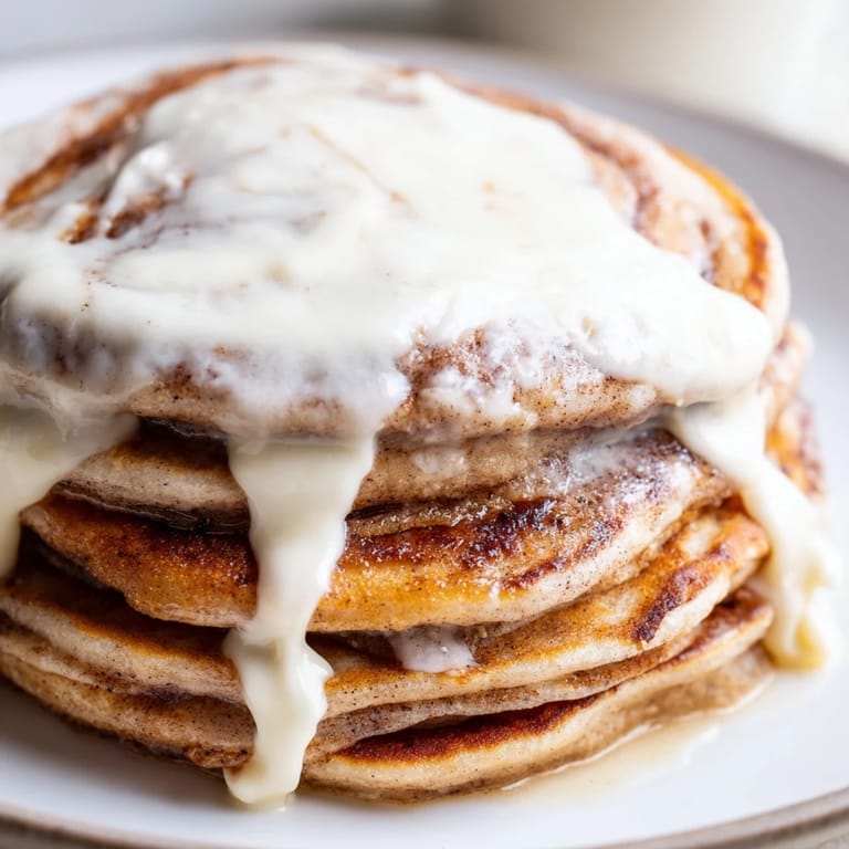 A stack of warm Cinnamon Roll Pancakes, swirled with cinnamon, offers a comforting, sweet morning treat.
