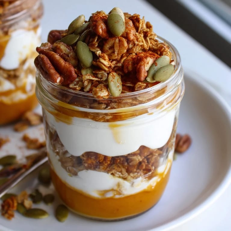 Delicious and healthy Pumpkin Yogurt Parfait, a snack layered with granola and fall spices.