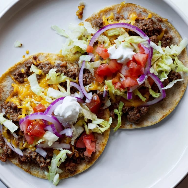 A close-up reveals the delicious textures of the flavorful Crispy Smash Tacos with their beefy, crispy base.